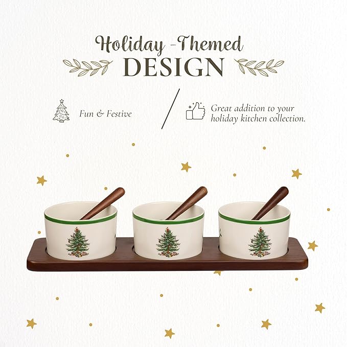 Portmeirion Spode Christmas Tree Holiday Serving Dishes - 7-Piece Set, Beige/Green, Ceramic Serving Bowl - Dip Bowls - Holiday Dinnerware, Dishwasher and Microwave Safe, Festive Tableware