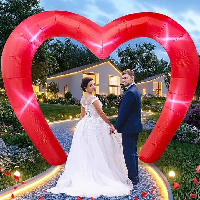 9 * 4.5FT Red Valentine Inflatables Outdoor Decorations Heart Shaped Blow up Inflatable Archway with Build in LED for Indoor Outdoor Party Lawn Yard Garden Anniversary Wedding Decor
