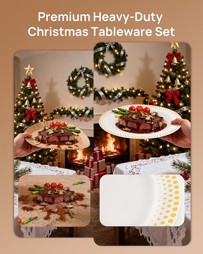 Feagar 175PCS Disposable Plates Set for 25 - Elegant Gold Dinnerware for Party, Wedding, Holiday & Birthday, Includes Dinner & Dessert Plates, Cutlery, Cups, Napkins, Tablecloth & Balloon Decor