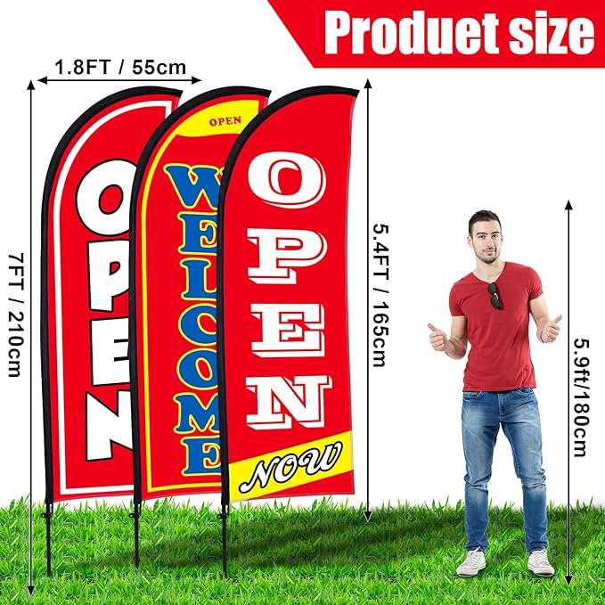 Buryeah 3 Sets Now Open Feather Flag Banner for Business Advertising 7 Feet Tall Grand Opening Feather Flag Sign with Fiberglass Pole Kit Rotating Ground Spike and Portable Bag(Red)