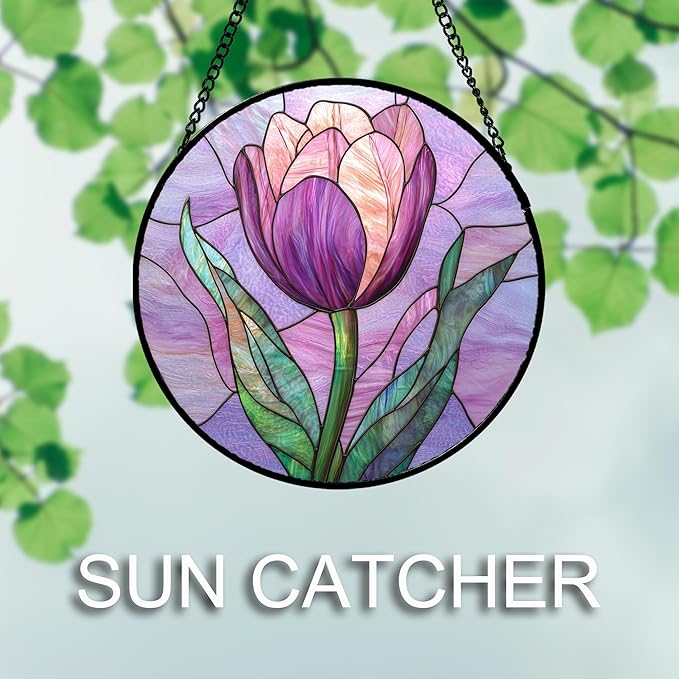 Stained Glass Window Hanging Purple Tulips Flower Large 15" - Suncatcher Door Garden Sun Catcher Home Decor Birthday Mother's Day for Mom Men Woman Parents Her Nana Friend