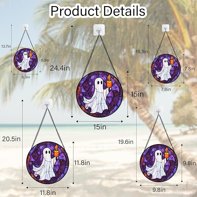 Stained Glass Window Hanging - Halloween Decorations Ghost Suncatcher for Doors Garden Indoor Spooky Funny Purple Sun Catchers Gothic Decor Horror Gifts for Women Men Friend 11.8 in