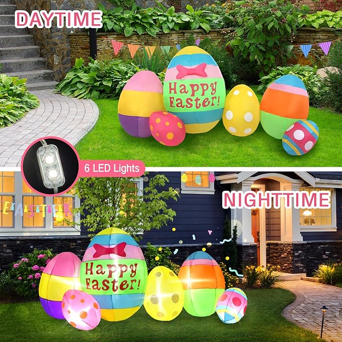 Gardentime 6 FT Long Easter Eggs Inflatable Decorations Outdoor Indoor Blow Up Colorful Easter Eggs Holiday Party Decor for Yard, Lawn, Garden, Patio