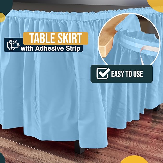 Exquisite Ruffle Table Skirt Light Blue 48 Pack 14 Ft Long Table Skirts for Rectangle Tables 6ft Plus or Round Tables Skirts with Adhesive Strip for Gender Reveal Decor & Happy Birthday Parties