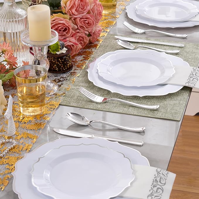 350 PCS Silver Disposable Plates, Scalloped Dinnerware Set for 50 Guests, 100 Plastic Plates, 150 Silverware, 50 Cups & 50 Paper Napkins, Silver