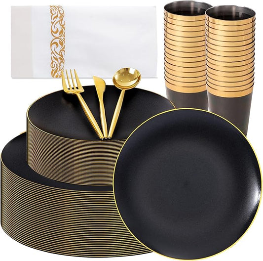 EI 350Pcs Black and Gold Matte Frosted Plastic Plates Disposable Heavy Duty,Dinnerware Set for Party Include 100 Disposable Plates,150 Silverware,50 Napkins,50 Cups for Party/Wedding/Events,Hotel