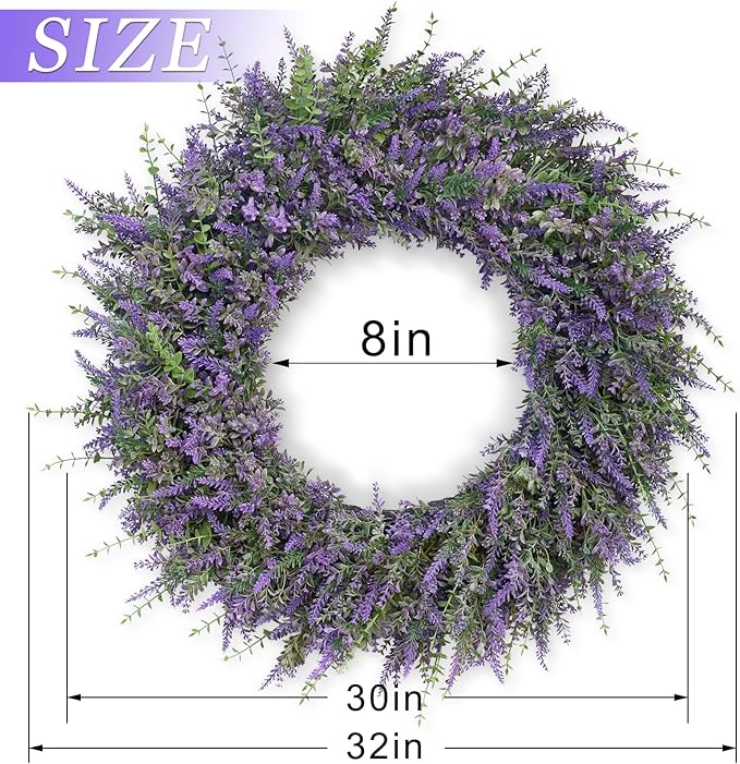 32'' Large Eucalyptus and Lavender Wreath for Front Door, Porch, Window- Artificial Eucalyptus Leaves with Lavender Wreath for Home, Farmhouse Wall Decor- Spring, Summer, Fall, All Seasons (Purple)