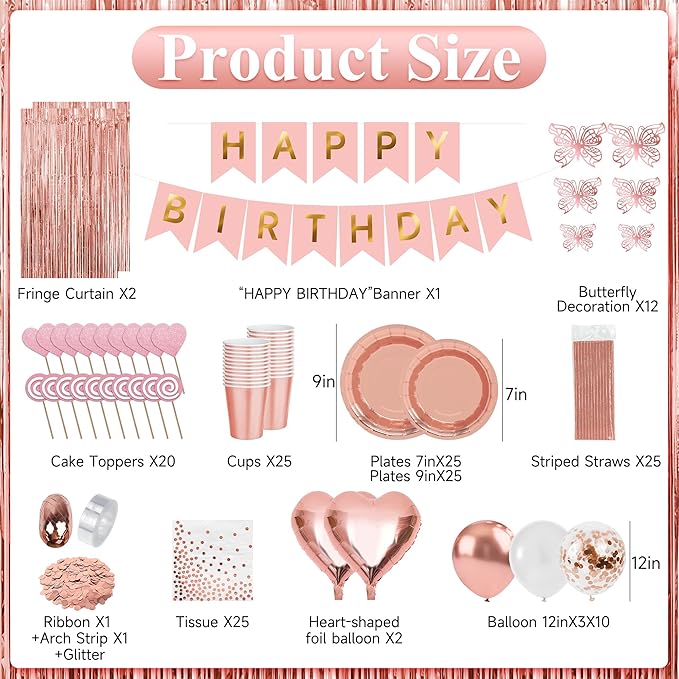 Sweet Rose Gold Birthday Party Decorations pack for Girls,Women-Happy Birthday Banners,Curtains Cake Topper decor,12pcs Butterfly,Plates Cups Napkins Straws for 25 Guest & More