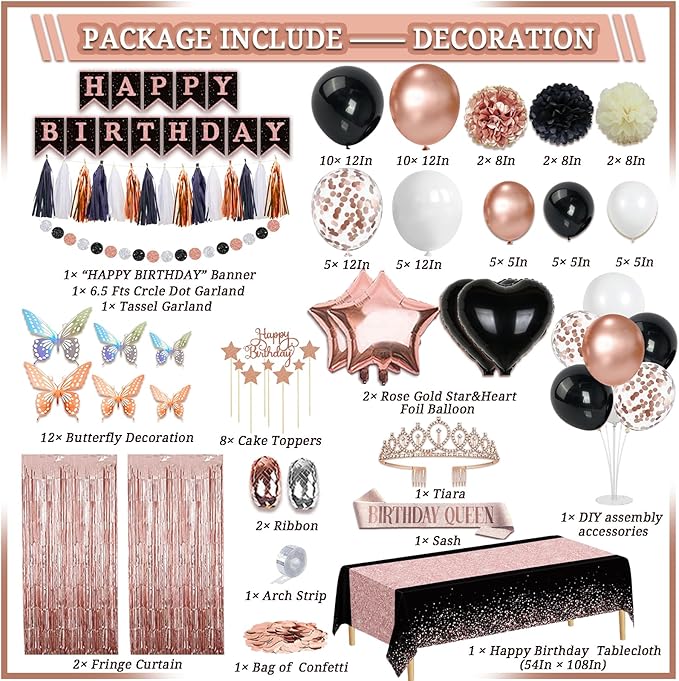 273 Pcs Rose Gold and Birthday Decorations, Birthday Decorations for Women or Girl Kit - Banner, Balloon, Tiara, Sash, Tableware with Rose Gold Dot and Black for 25 Guests