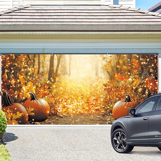 ANNA QUEEN Autumn Glow Pumpkin Garage Door Banner 6 x 13FT, Fall Forest Path with Lights for Spring Easter Parties Christian Home Decor, Outdoor Garage Decoration for Halloween Parties Home Decor