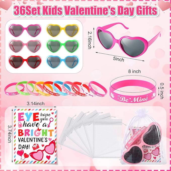 36 Set Valentines Day Gifts for Kids Heart Sunglasses with Valentines Cards Silicone Bracelet Wristbands School Classroom Exchange Gifts Party Favor for Girls Boys