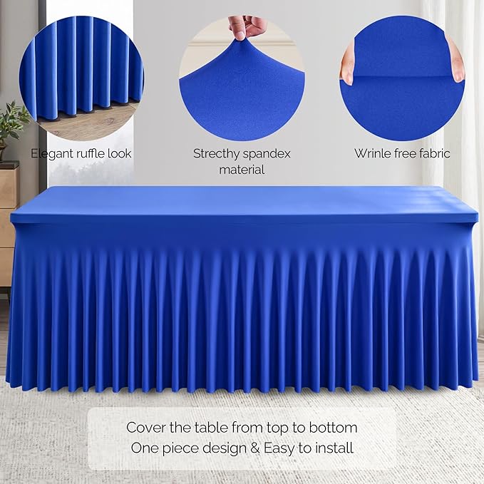 Wish Care 6 Pack Royal Blue Spandex Table Clothes for 8 Foot Rectangle Tables, 8FT Wrinkle Free Fitted Tablecloths Ruffles Design Table Cloth for Party, Banquet, Wedding and Events