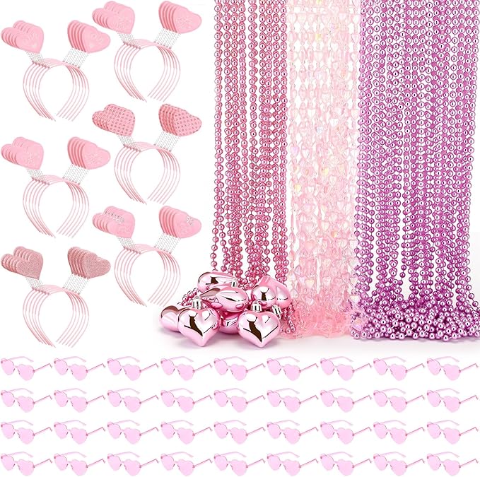 Kanayu 108 Pcs Valentines Day Accessories 36 Valentines Heart Headbands 36 Heart Shaped Sunglasses 36 Bead Necklaces for Valentine Party Favors Supplies Bachelorette Decorations(Pink)
