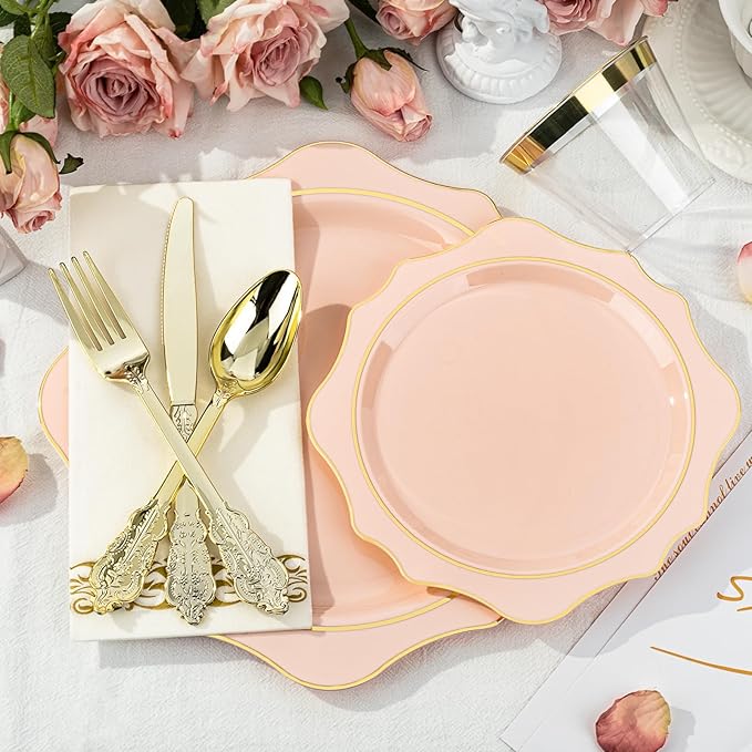 350 PCS Pink and Gold Plastic Plates, Gold Disposable Plates for 50 Guests, Includes 100 Disposable Plates, 50 Cups, 150 Silverwares, and 50 Napkins for Party, Wedding and Graduation