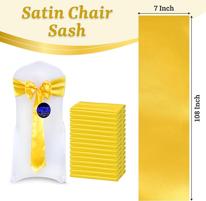 VDS Satin Chair Sashes Chair Cover Back Tie Sateen Bows Ribbon for Wedding Birthday Graduation Engagement Ceremony Event Party Banquet Venue Hotel All Dining Chair Decoration (150PC) (Yellow Gold)