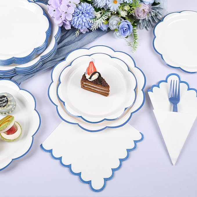 96 Pcs Blue and White Paper Plates and Napkins Set, Tableware set for 24 Guest include White Dessert Plates with Blue Scalloped Edge, Napkins and Forks for Baby Boy Shower, Bridal Shower, Wedding