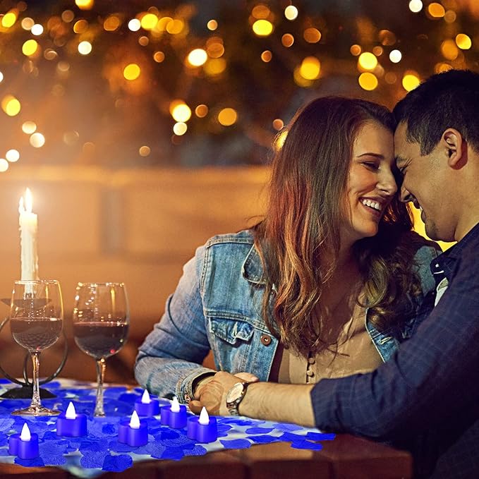 Coume 6000 Pcs Artificial Rose Petals with 120 Pcs Heart LED Tea Lights Candles Kit Valentines Rose Petals Candles Set for Romantic Night Anniversary Proposal Wedding Date Hotel(Blue Light)