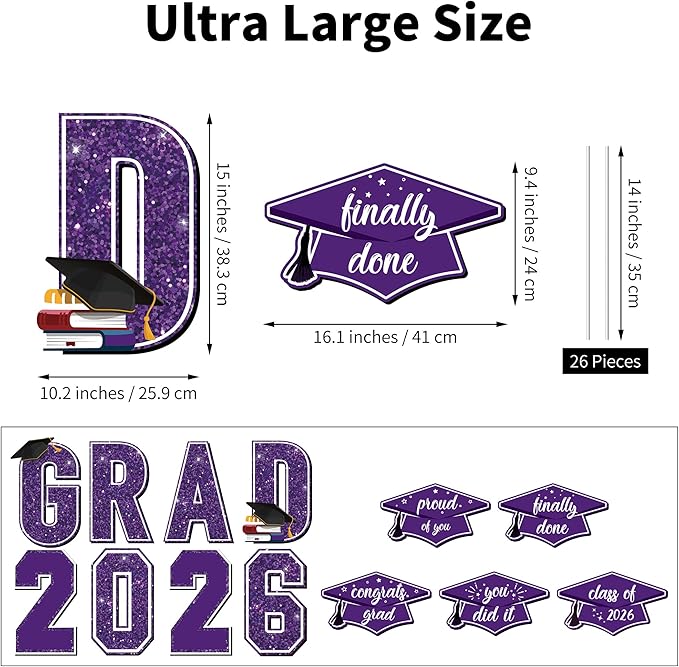 Aneco Waterproof 2026 Grad Yard Signs Plastic Graduation Yard Signs Party Outdoor Lawn Decorations 16 Inches Glitter Congrats Grad Lawn Sign with Stakes for Outdoor Party Garden Decor (Purple)