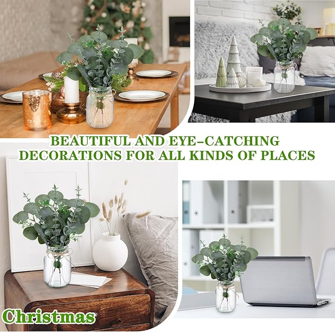 XunYee 10 Set Mason Jar Table Centerpiece with Flower Mason Jar Flower Centerpiece Vases Decor for Engagement Party Bridal Shower Centerpieces Wedding Reception Table Decor (Eucalyptus)