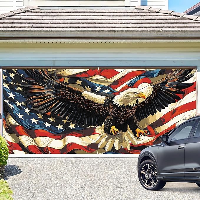 Eagle American Flag Garage Door Banner 7x16FT, Patriotic Bald Eagle & American Flag Design, Outdoor Decoration for Independence Day and National Holidays