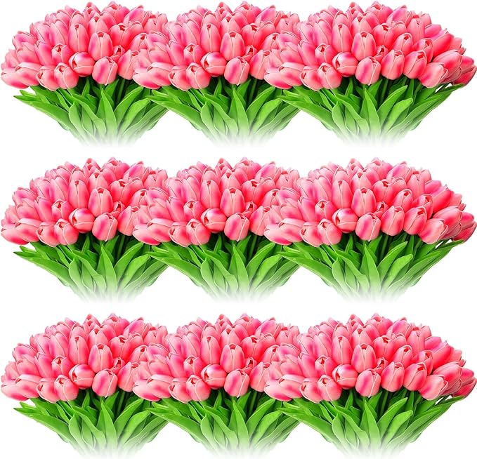 Jexine 100 Pcs Artificial Real Touch Tulips Fake Artificial Tulip Flower Bulk Bouquet with Stem for Table Centerpieces Wedding Bridal Easter Mother's Day Garden Home Decor, 13.4''(Purple Rose)