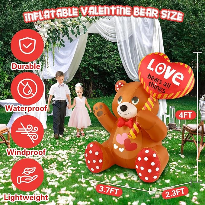 LETIME 4FT Valentines Day Inflatable Outdoor Decorations Bear Holding Heart Balloon LED Lighted Blow-up Yard Decor Romantic for Party Birthday Anniversary Wedding Propose