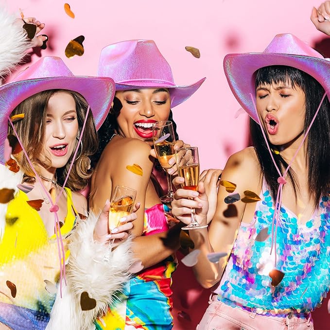 Coume 12 Pcs Cowboy Hat Sparkly Glitter Neon Cowgirl Hat for Women Holographic Space Cap for Bachelor Western Cowboy Party