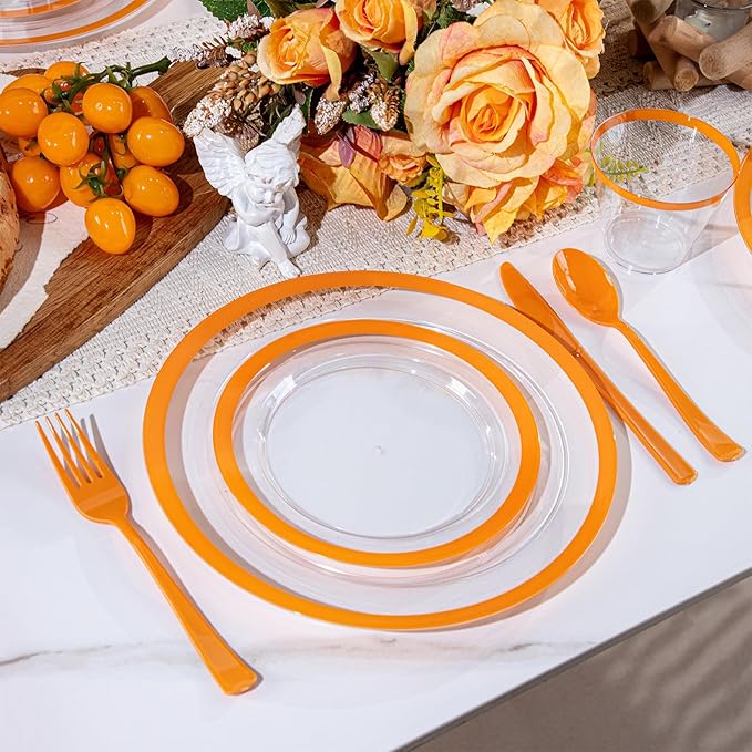 I00000 210 Pcs Clear Orange Plates for 30 Guests, Orange Disposable Plates Set Include 30 10" Dinner Plate,30 7" Dessert Plate, 30 Cups, 30 Pre Rolled Napkins with Cutlery Set for Party and Wedding