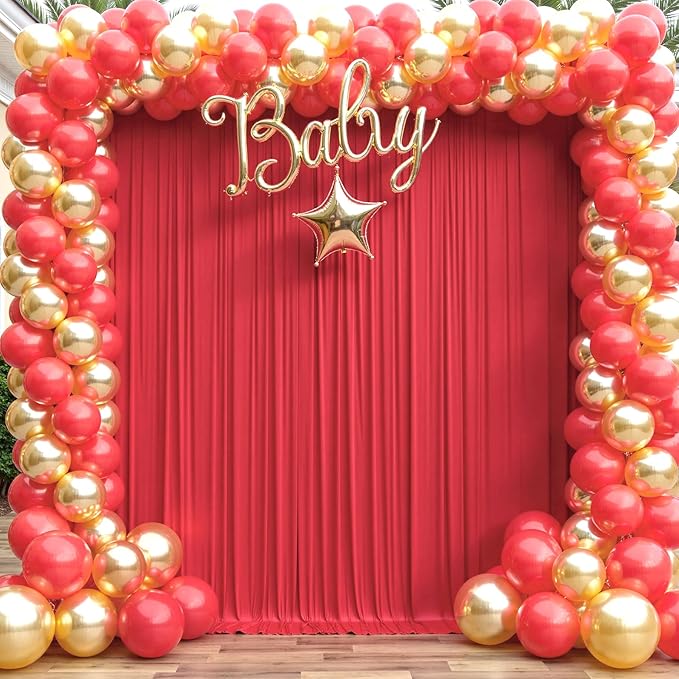 10ft x 15ft Red Wrinkle Free Backdrop Curtains for Parties,Silky Polyester Fabric Wedding Ceiling Drapes, 2 Panels 15ft Photo Back Drop Drapes for Baby Shower Photography Stage Background Cloth