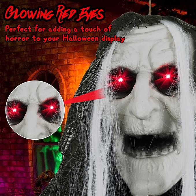 BECOMFORT 6.1 FT Hanging Animatronic Halloween Decoration, Sound-Activated Hanging Witch with Spooky Sounds, Glowing Eyes & Bending Arms, Animated Halloween Props for Indoor & Outdoor