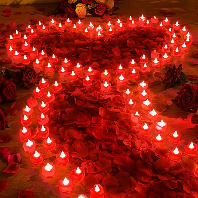 Coume 6000 Pcs Artificial Rose Petals with 120 Pcs Heart LED Tea Lights Candles Kit Valentines Rose Petals Candles Set for Romantic Night Anniversary Proposal Wedding Date Hotel(Red Light)
