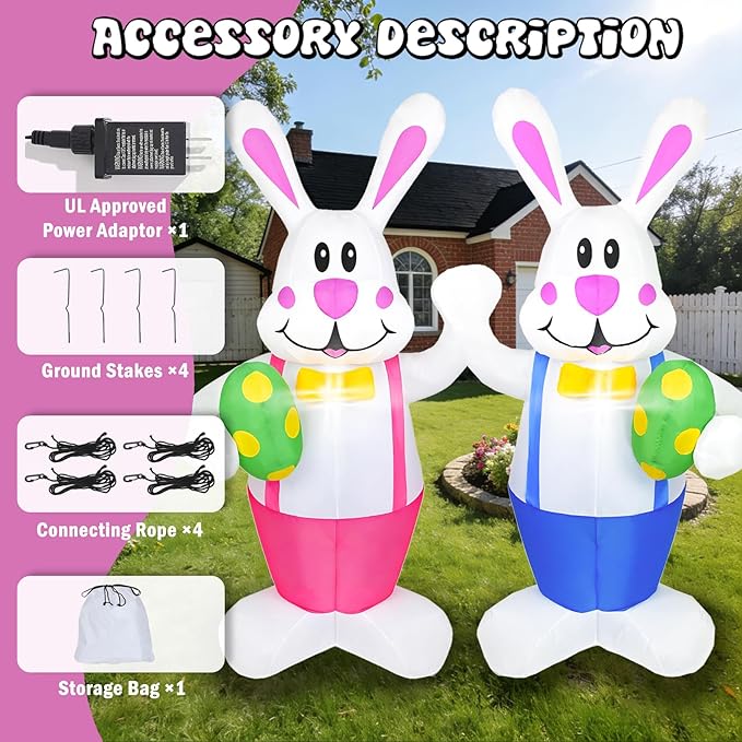 Dearsun 2 Pack 6.2FT Easter Inflatables Bunny Holding Easter Egg, Easter Blow up Yard Decorations Giant Bunny for Holiday Party Indoor Outdoor Decorations