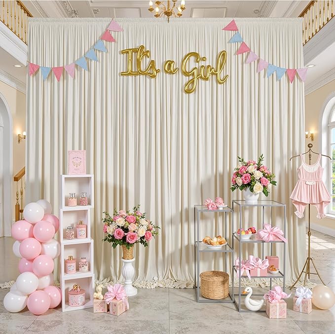 40 ft x 10 ft Wrinkle Free Beige Backdrop Curtain for Parties, 8 Panels 10ft Polyester Beige Photo Backdrop Drapes for Graduation Birthday Wedding Party Stage Curtains