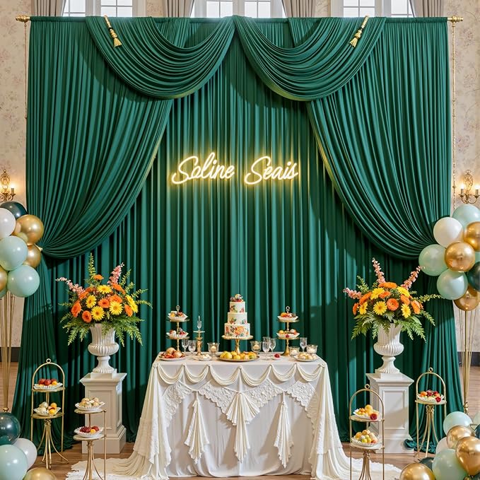 gogoparti 50x12ft Hunter Green Backdrop Curtain for Wedding Parties, 10 Panels (5x12 ft Each) Wrinkle-Free Dackdrop Curtains, Silky Draping Fabric for Birthday Party, Baby Shower, Photo Background
