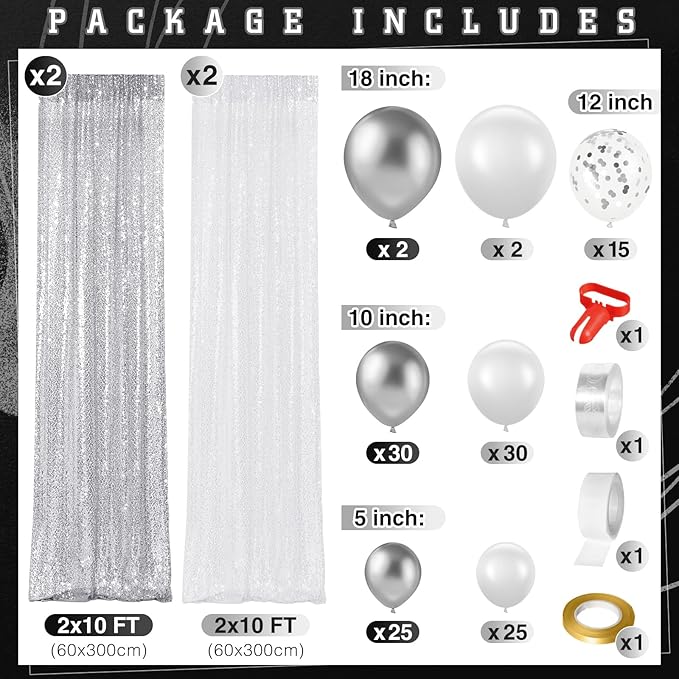 137 Pcs White Silver Party Backdrop Kits - 4 Sequin Backdrop Curtain 133 Balloon Garland Kit Photo Prop Background for Wedding Anniversary Winter Wonderland Birthday Baby Shower