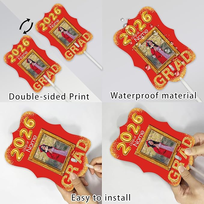Personalized Graduation Double Sided Face Fan Class of 2026 Customized Graduation Head Face Cutout with Handle Fun Photo Prop Supplies(A-Red and Gold,12pcs)
