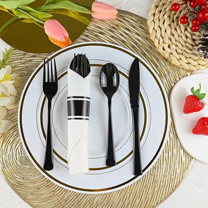 100Pack Black Plastic Silverware, Disposable Plastic Silverware with Napkins, Pre Rolled Black Spoons Forks Knives wiht Napkins, Heavy Duty Wrapped Cutlery Set for Party Wedding