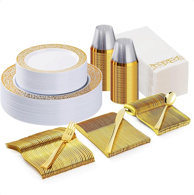 175PCS Gold Plastic Dinnerware Set for 25 Guests, Disposable Plates for Party, Wedding and Dinner, Include 25 Dinner Plates, 25 Dessert Plates, 25 Set Silverware, 25 Cups, 25 Napkins