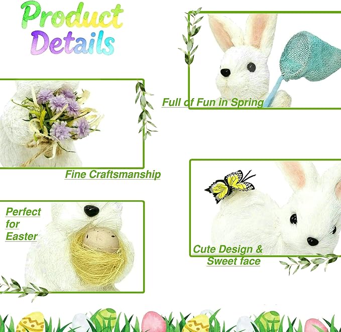 naturevibe Sisal Easter Bunny Decor,Set of 6 White Baby Bunnies for Easter Decorations or Seasonal Parties,Cute Rabbit Figurines as Decorative Farm Animals for Spring Decor