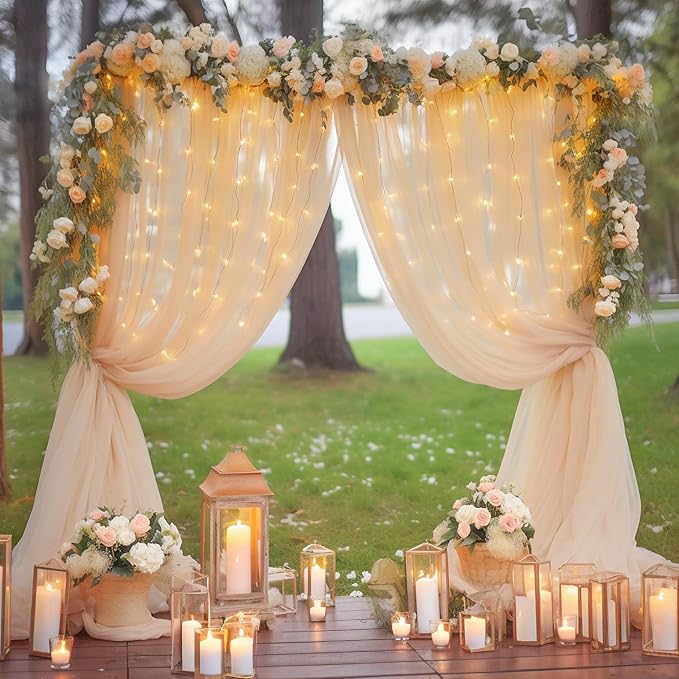 20x10ft Champagne Tulle Backdrop Curtain with Lights String for Parites, Sheer Photo Backdrop Curtains with Lights for Wedding Backdrop Ceremony Reception Bridal Shower Baby Shower Birthday Party