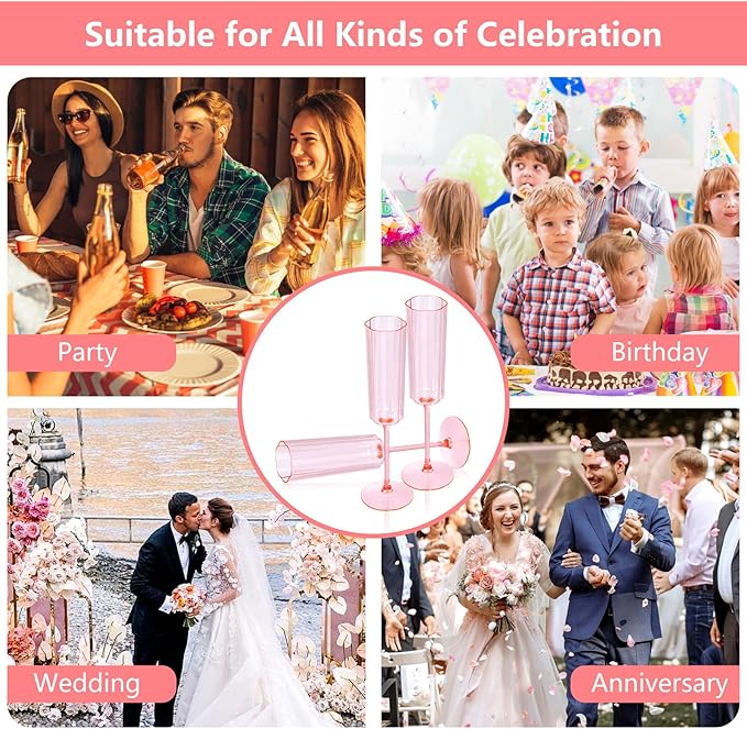 YOUBET 36 Pack Pink Champagne Flutes Plastic - 6 Oz Flower Wavy Champagne Plastic Glasses - Heavy Duty Vintage Disposable Flutes for Wedding Party Birthday Anniversary Valentines Day