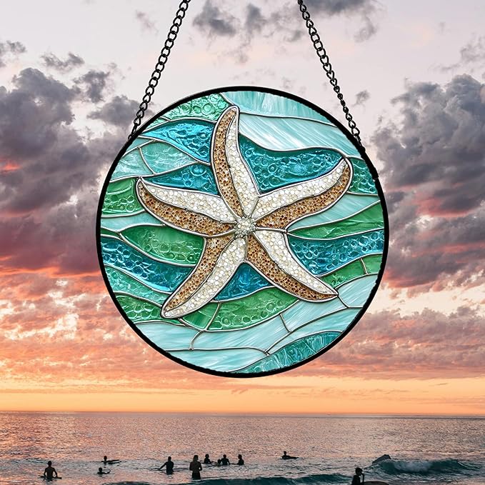 Stained Glass Window Hanging 4 Pcs Set Cyan Ocean Life Theme Large 15" - Sea Starfish Suncatcher Door Garden Sun Catcher Decor Birthday for Mom Woman Nana Men Friend