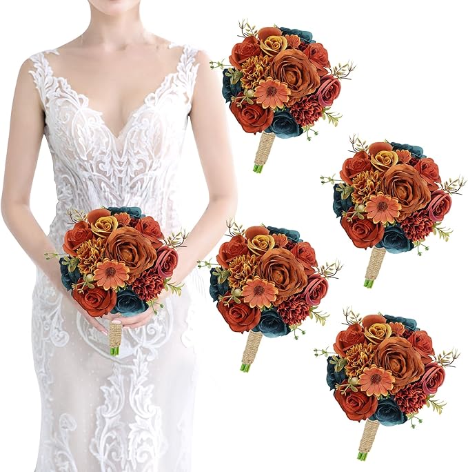 Set of 4 Bridesmaids Bouquets for Wedding - 7 inch Artificial Bridesmaid Bouquets Pre-Made Silk Rose Small Floral Bouquet for Vintage Fall Wedding Bridal Shower Marriage Proposal Party Ceremony