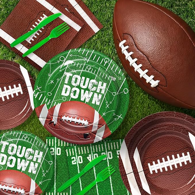 Football Party Decorations for 24 Guests - Football Party Supplies Kit with Plates, Napkins, Cutlery, Food Trays, Banner, Tablecloths for Tailgate & Birthday Party