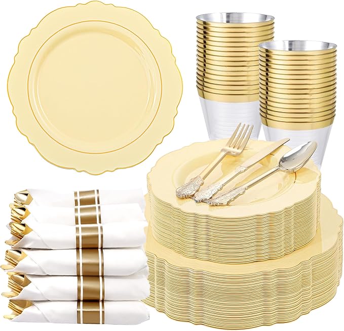 Liacere 350PCS Yellow Plastic Plates - Yellow Disposable Plates With Gold Rim-50Guest Baroque Plastic Dinnerware include 100 Plates,50 Pack Pre Rolled Napkins with Silverware 50Cups for Wedding＆Easte