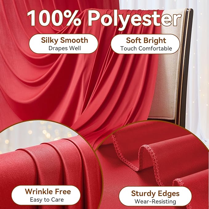 10ft x 15ft Red Wrinkle Free Backdrop Curtains for Parties,Silky Polyester Fabric Wedding Ceiling Drapes, 2 Panels 15ft Photo Back Drop Drapes for Baby Shower Photography Stage Background Cloth