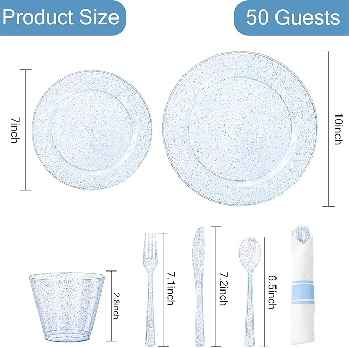 DaYammi 350 Pieces Blue Glitter Dinnerware Set 50 Guest for Party- 50 Dinner Plates, 50 Dessert Plates -50 Per Rolled Napkins with Blue Cutlery - 50 Disposable Cups 9 OZ