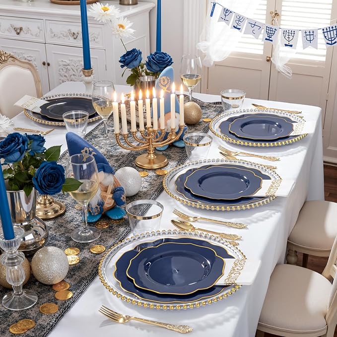 NOCCUR 175PCS Blue Plastic Plates with Disposable Silverware - Include 50 Blue Disposable Plates with Gold Rim,75 Gold Cutlery,25 Cups,25Napkins for Party/Wedding