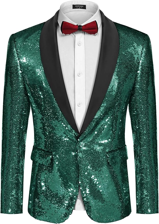 COOFANDY Mens Shiny Sequin Blazer Tuxedo Party Dinner Prom One Button Suit Jacket
