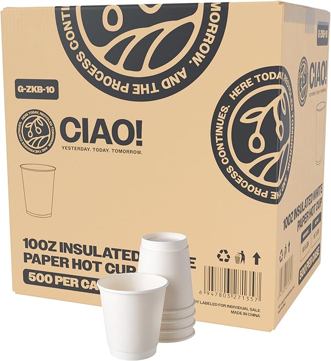 CIAO! 10 oz Insulated Double Wall White Paper Hot Cup, 90mm Diameter, 500 Count